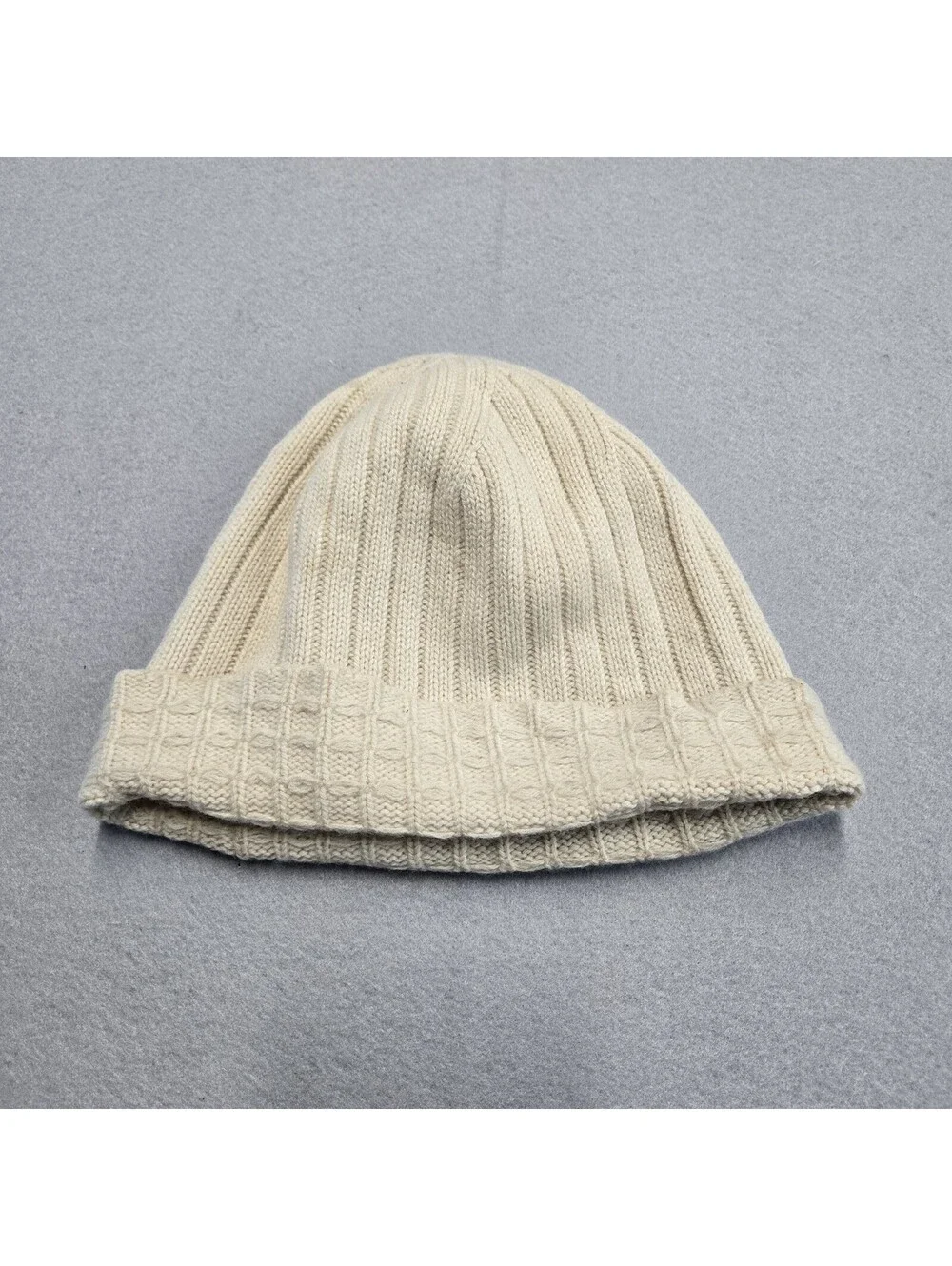 Ann Taylor Cuffed Knit Beanie Womens Cream Textured Rib Folded Cuff Hat